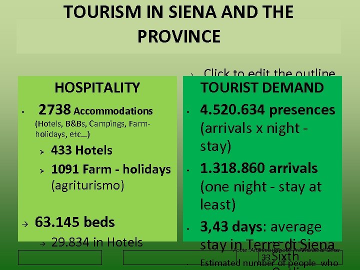 TOURISM IN SIENA AND THE PROVINCE • HOSPITALITY 2738 Accommodations • (Hotels, B&Bs, Campings,