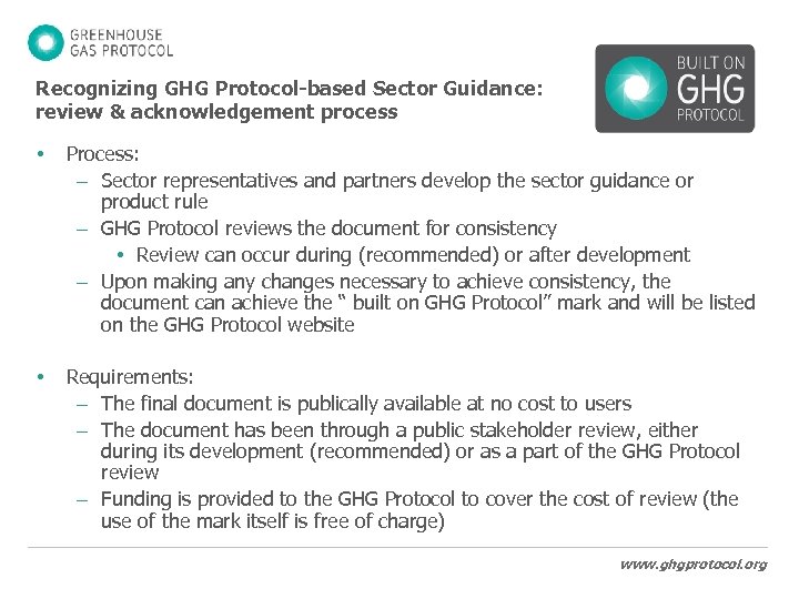 Recognizing GHG Protocol-based Sector Guidance: review & acknowledgement process • Process: – Sector representatives