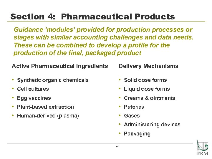 Section 4: Pharmaceutical Products Guidance ‘modules’ provided for production processes or stages with similar