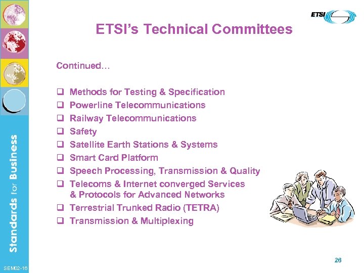 ETSI’s Technical Committees Continued… q q q q Methods for Testing & Specification Powerline