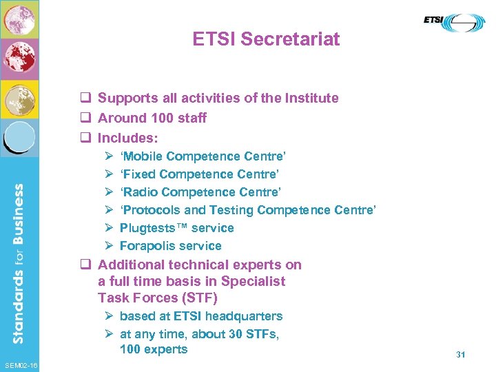 ETSI Secretariat q Supports all activities of the Institute q Around 100 staff q