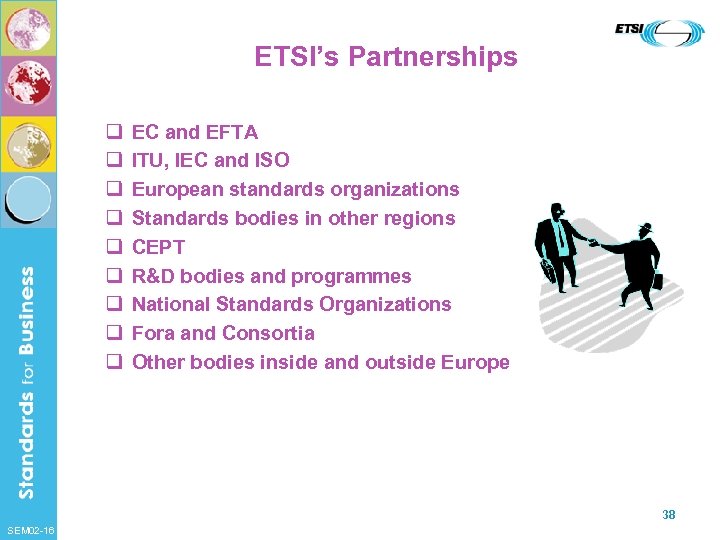 ETSI’s Partnerships q q q q q EC and EFTA ITU, IEC and ISO