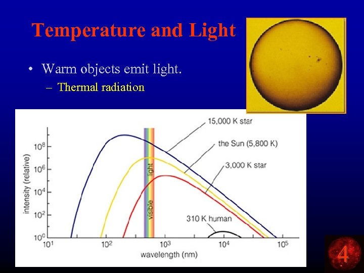 Temperature and Light • Warm objects emit light. – Thermal radiation 4 