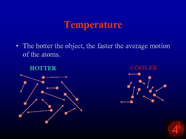 Temperature • The hotter the object, the faster the average motion of the atoms.