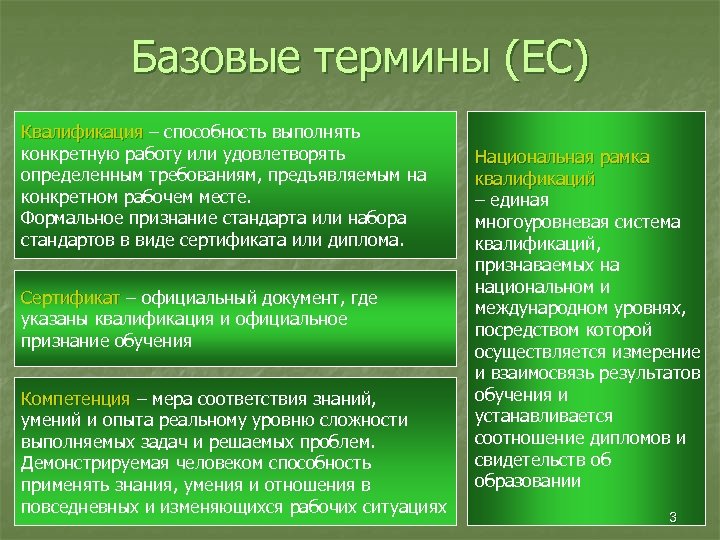 Базовые термины (ЕС) Квалификация – способность выполнять конкретную работу или удовлетворять определенным требованиям, предъявляемым