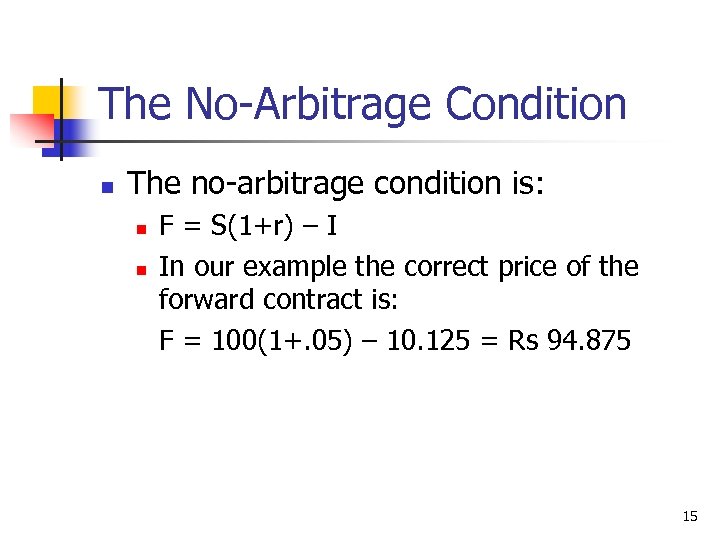 The No-Arbitrage Condition n The no-arbitrage condition is: n n F = S(1+r) –