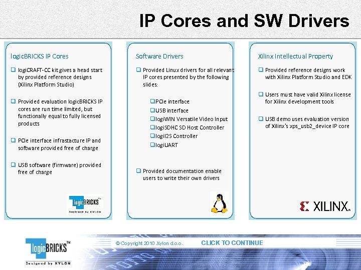 IP Cores and SW Drivers logic. BRICKS IP Cores Software Drivers Xilinx Intellectual Property