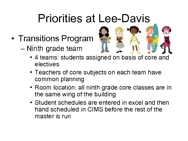 Priorities at Lee-Davis • Transitions Program – Ninth grade team • 4 teams: students