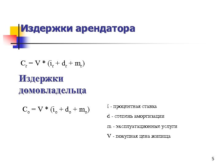 Издержки арендатора Сr = V * (ir + dr + mr) Издержки домовладельца Сo