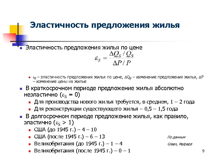 Эластичность предложения жилья n Эластичность предложения жилья по цене n n В краткосрочном периоде