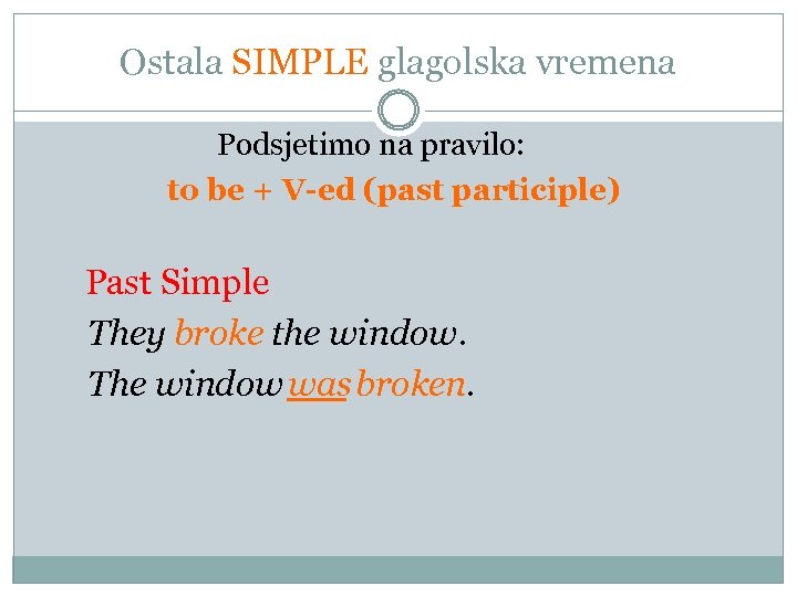 Ostala SIMPLE glagolska vremena Podsjetimo na pravilo: to be + V-ed (past participle) Past