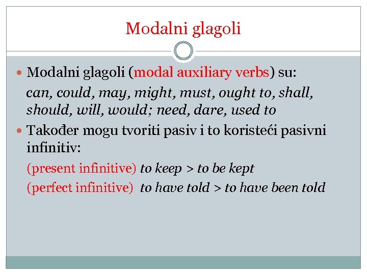 Modalni glagoli (modal auxiliary verbs) su: can, could, may, might, must, ought to, shall,