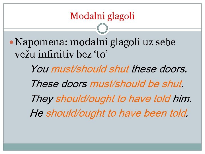 Modalni glagoli Napomena: modalni glagoli uz sebe vežu infinitiv bez ‘to’ You must/should shut