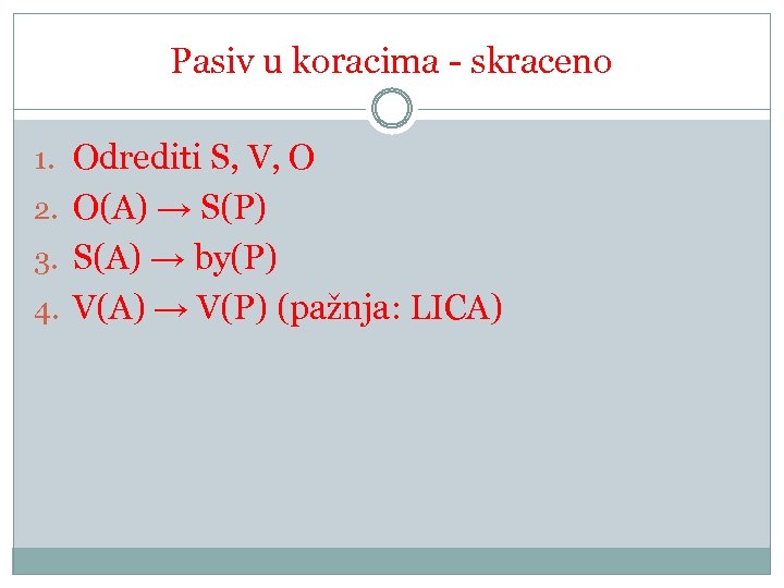 Pasiv u koracima - skraceno 1. Odrediti S, V, O 2. O(A) → S(P)