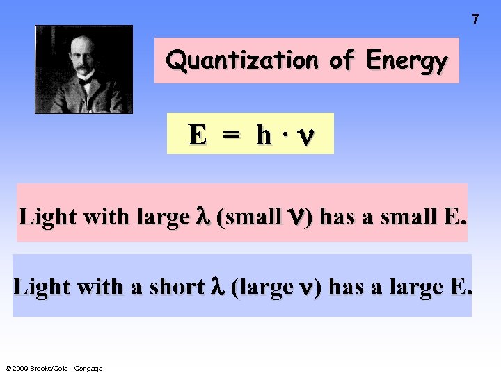 7 Quantization of Energy E = h· Light with large (small ) has a