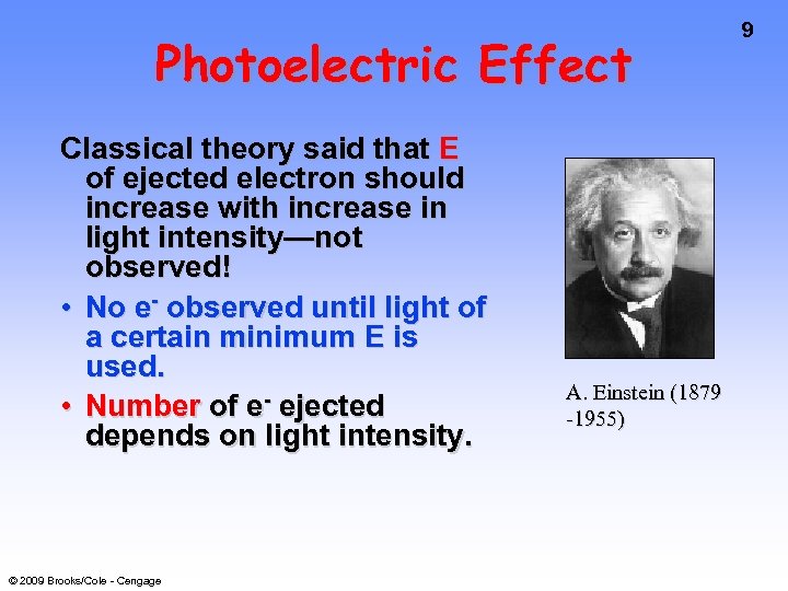 Photoelectric Effect Classical theory said that E of ejected electron should increase with increase