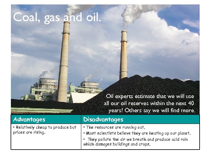 Coal, gas and oil. Oil experts estimate that we will use all our oil