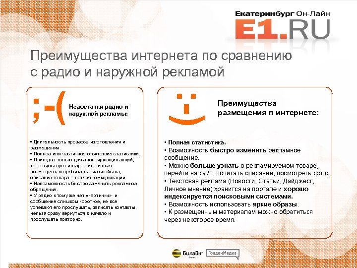 Преимущества интернета по сравнению с радио и наружной рекламой • Длительность процесса изготовления и