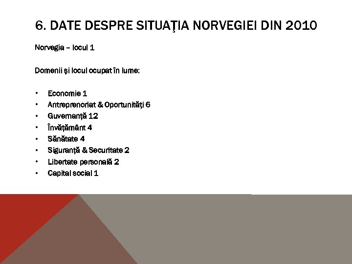 6. DATE DESPRE SITUAŢIA NORVEGIEI DIN 2010 Norvegia – locul 1 Domenii şi locul