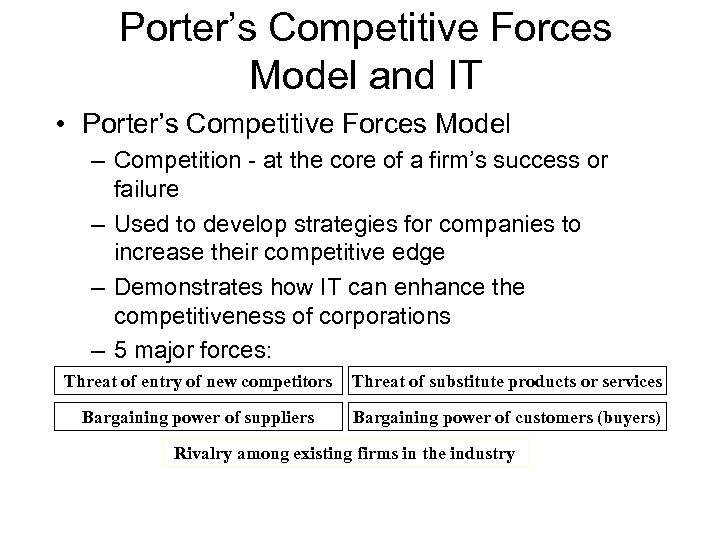 Porter’s Competitive Forces Model and IT • Porter’s Competitive Forces Model – Competition -