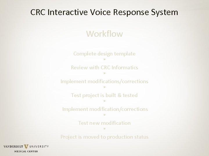 CRC Interactive Voice Response System Workflow Complete design template * Review with CRC Informatics