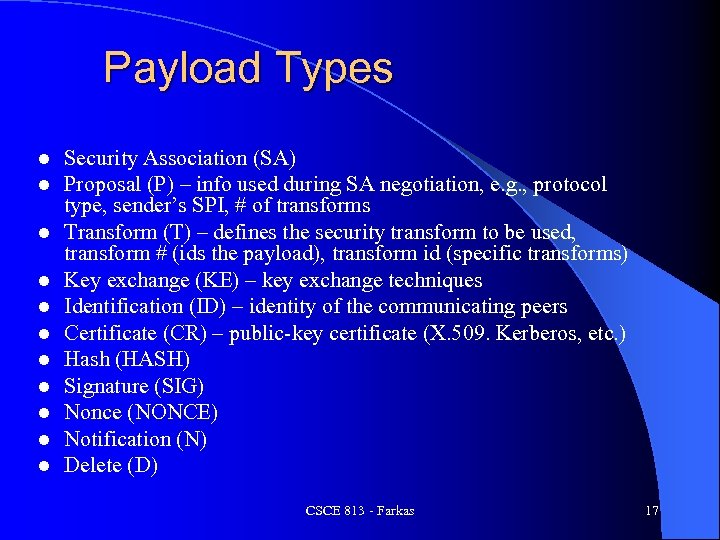 Payload Types l l l Security Association (SA) Proposal (P) – info used during