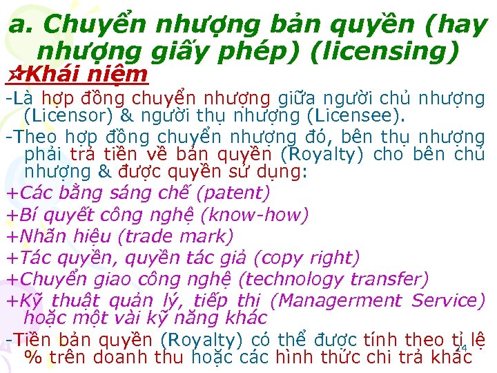 a. Chuyển nhượng bản quyền (hay nhượng giấy phép) (licensing) Khái niệm -Là hợp