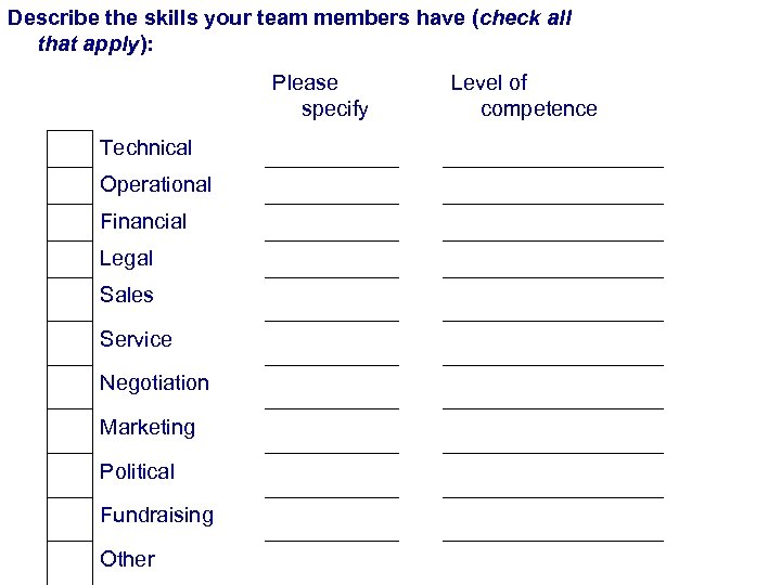 Describe the skills your team members have (check all that apply): Please specify Level