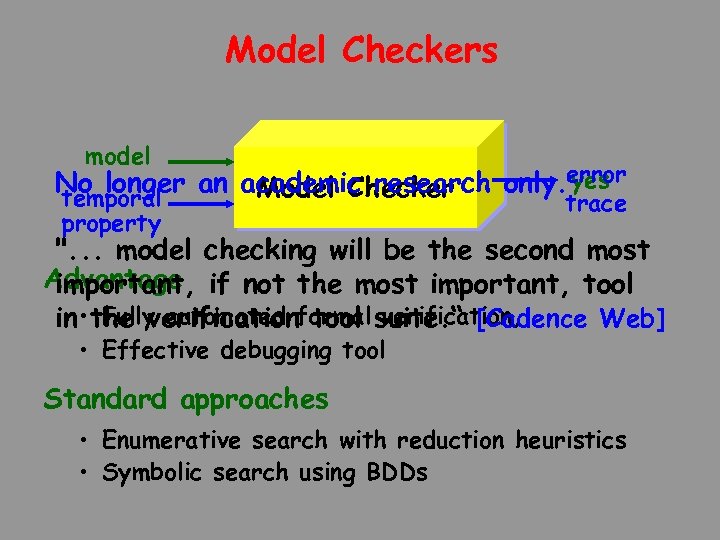 Model Checkers model yes No longer an academic research only. error Model Checker temporal