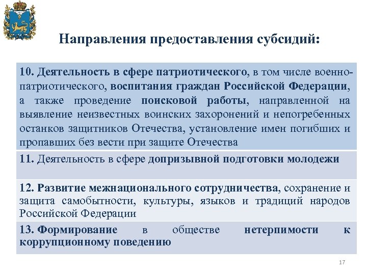 Направления предоставления субсидий: 10. Деятельность в сфере патриотического, в том числе военнопатриотического, воспитания граждан