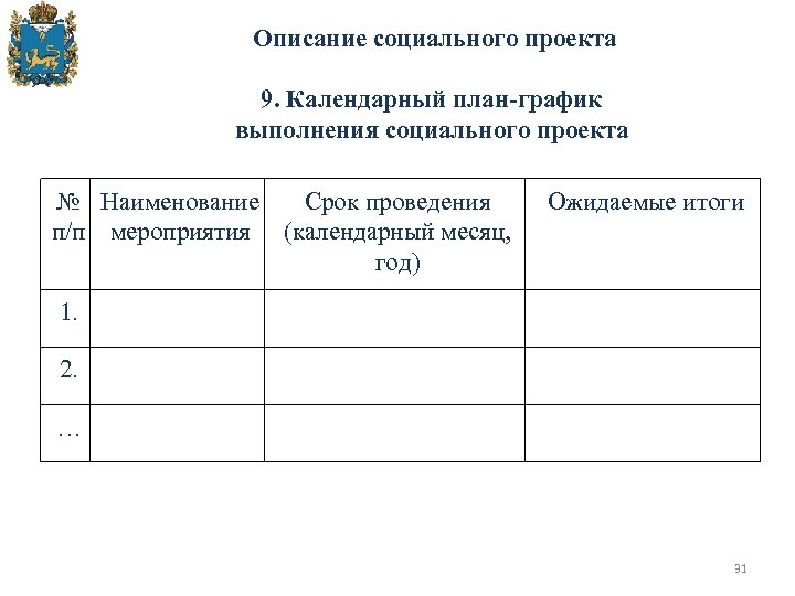  Описание социального проекта 9. Календарный план-график выполнения социального проекта № Наименование Срок проведения