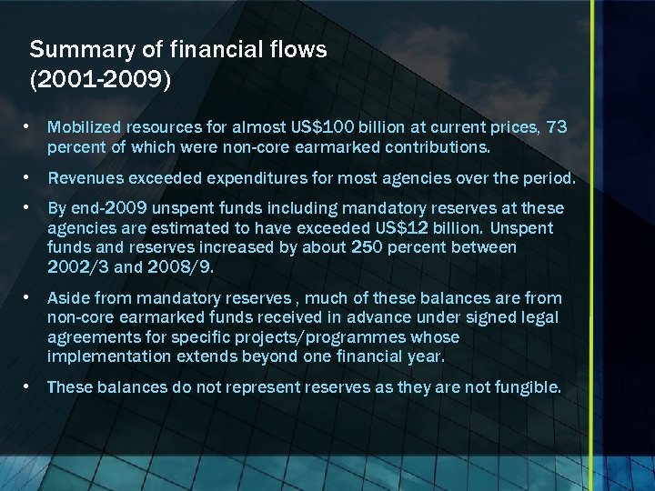 Summary of financial flows (2001 -2009) • Mobilized resources for almost US$100 billion at