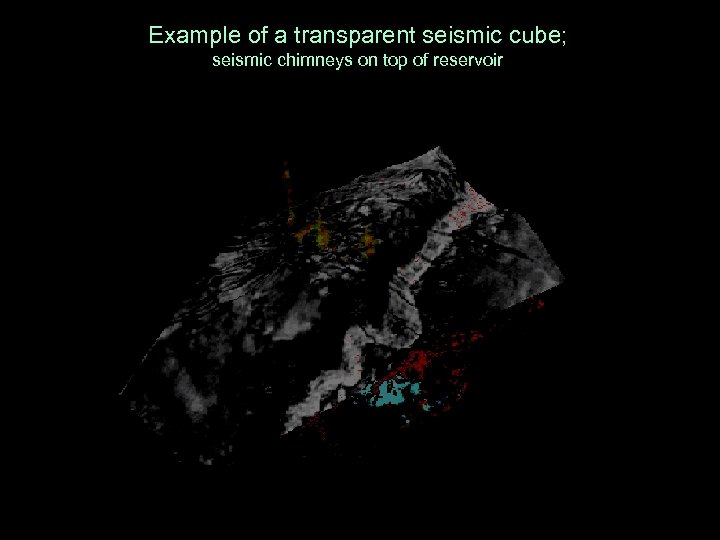 Example of a transparent seismic cube; seismic chimneys on top of reservoir 