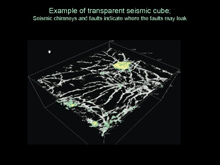 Example of transparent seismic cube; Seismic chimneys and faults indicate where the faults may