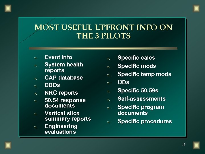 MOST USEFUL UPFRONT INFO ON THE 3 PILOTS n n n n Event info