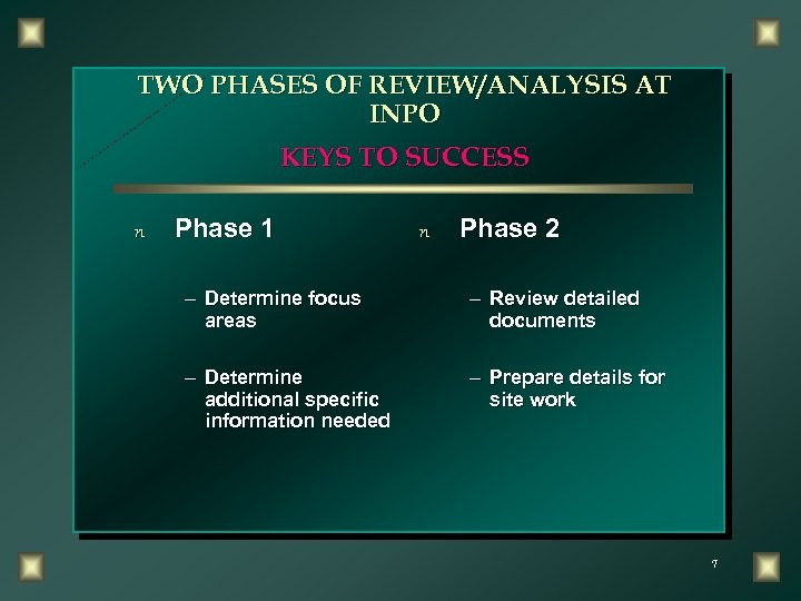 TWO PHASES OF REVIEW/ANALYSIS AT INPO KEYS TO SUCCESS n Phase 1 n Phase