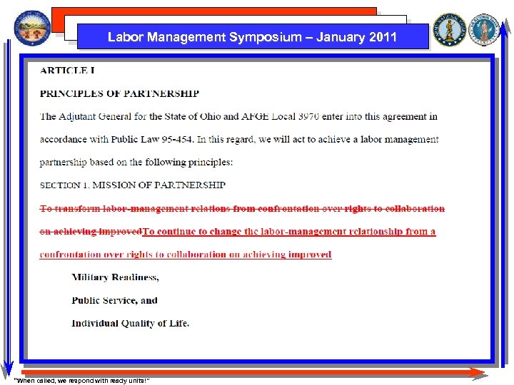 Labor Management Symposium – January 2011 “When called, we respond with ready units!” 