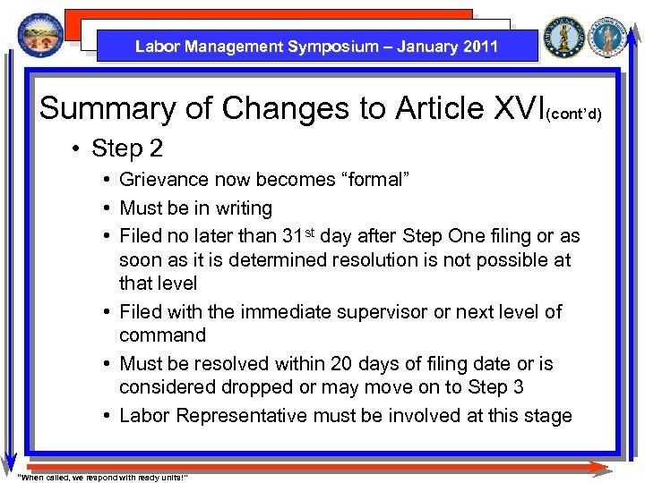 Labor Management Symposium – January 2011 Summary of Changes to Article XVI(cont’d) • Step