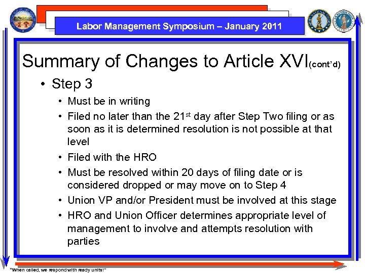 Labor Management Symposium – January 2011 Summary of Changes to Article XVI(cont’d) • Step