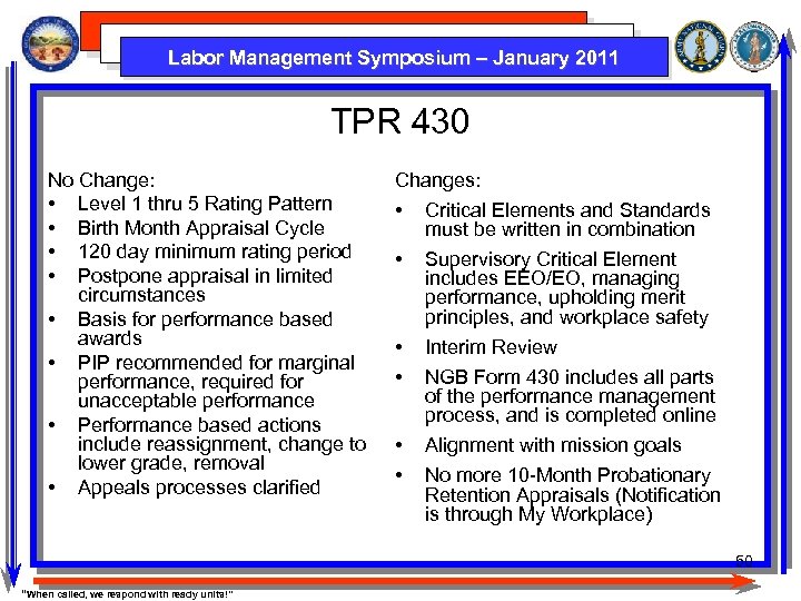 Labor Management Symposium – January 2011 TPR 430 No Change: • Level 1 thru