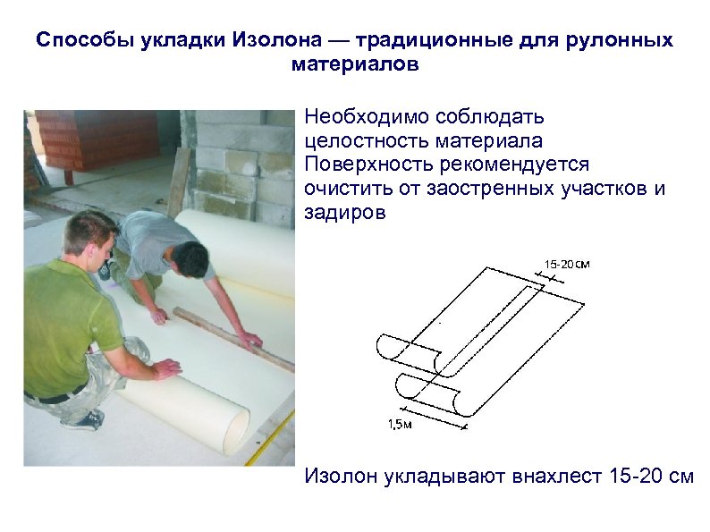 Способы укладки Изолона — традиционные для рулонных материалов Необходимо соблюдать целостность материала Поверхность рекомендуется