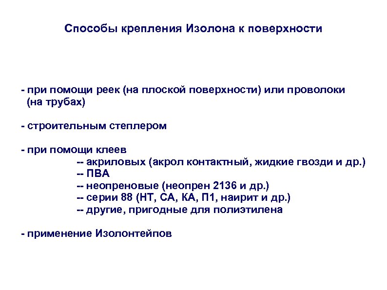 Способы крепления Изолона к поверхности - при помощи реек (на плоской поверхности) или проволоки