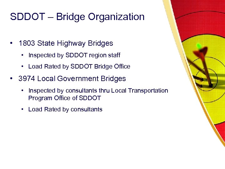SDDOT – Bridge Organization • 1803 State Highway Bridges • Inspected by SDDOT region