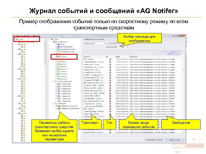 Журнал событий и сообщений «AG Notifer» Пример отображения событий только по скоростному режиму по