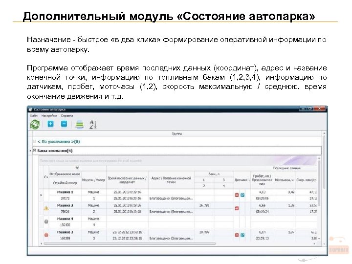 Дополнительный модуль «Состояние автопарка» Назначение - быстрое «в два клика» формирование оперативной информации по