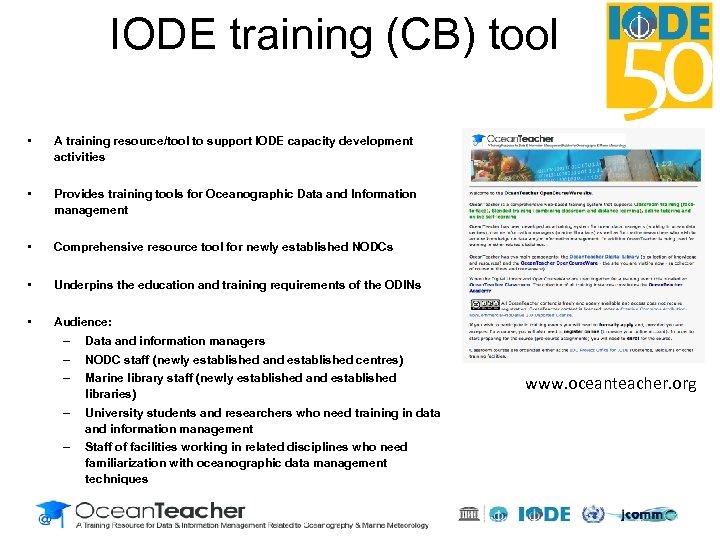 IODE training (CB) tool • A training resource/tool to support IODE capacity development activities