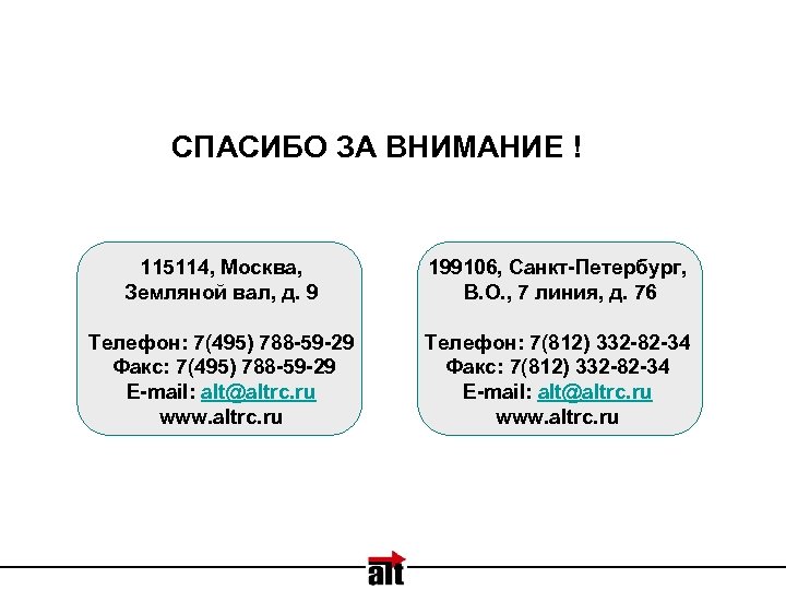 СПАСИБО ЗА ВНИМАНИЕ ! 115114, Москва, Земляной вал, д. 9 199106, Санкт-Петербург, В. О.