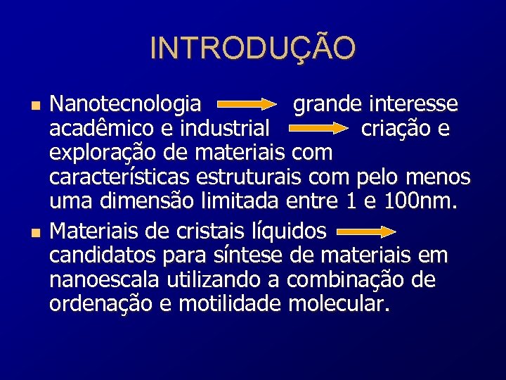INTRODUÇÃO n n Nanotecnologia grande interesse acadêmico e industrial criação e exploração de materiais