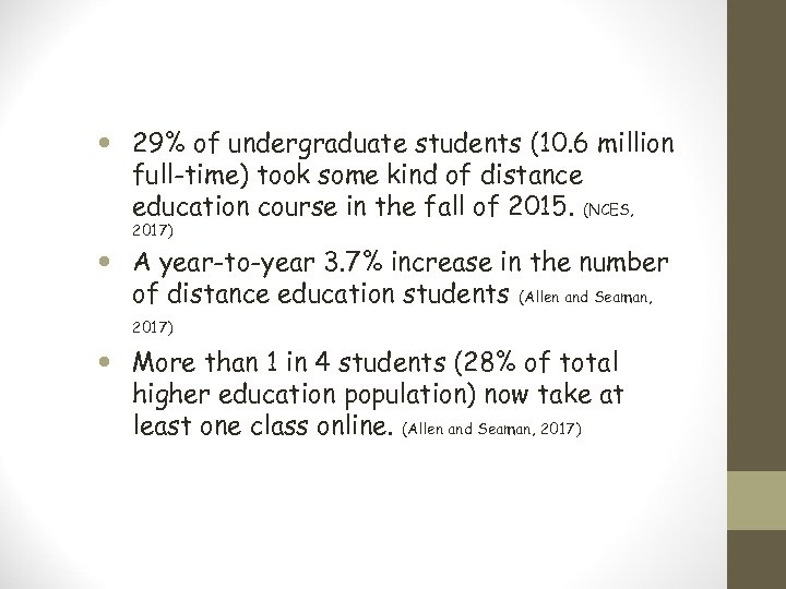  29% of undergraduate students (10. 6 million full-time) took some kind of distance