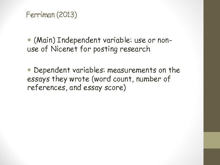 Ferriman (2013) (Main) Independent variable: use or nonuse of Nicenet for posting research Dependent